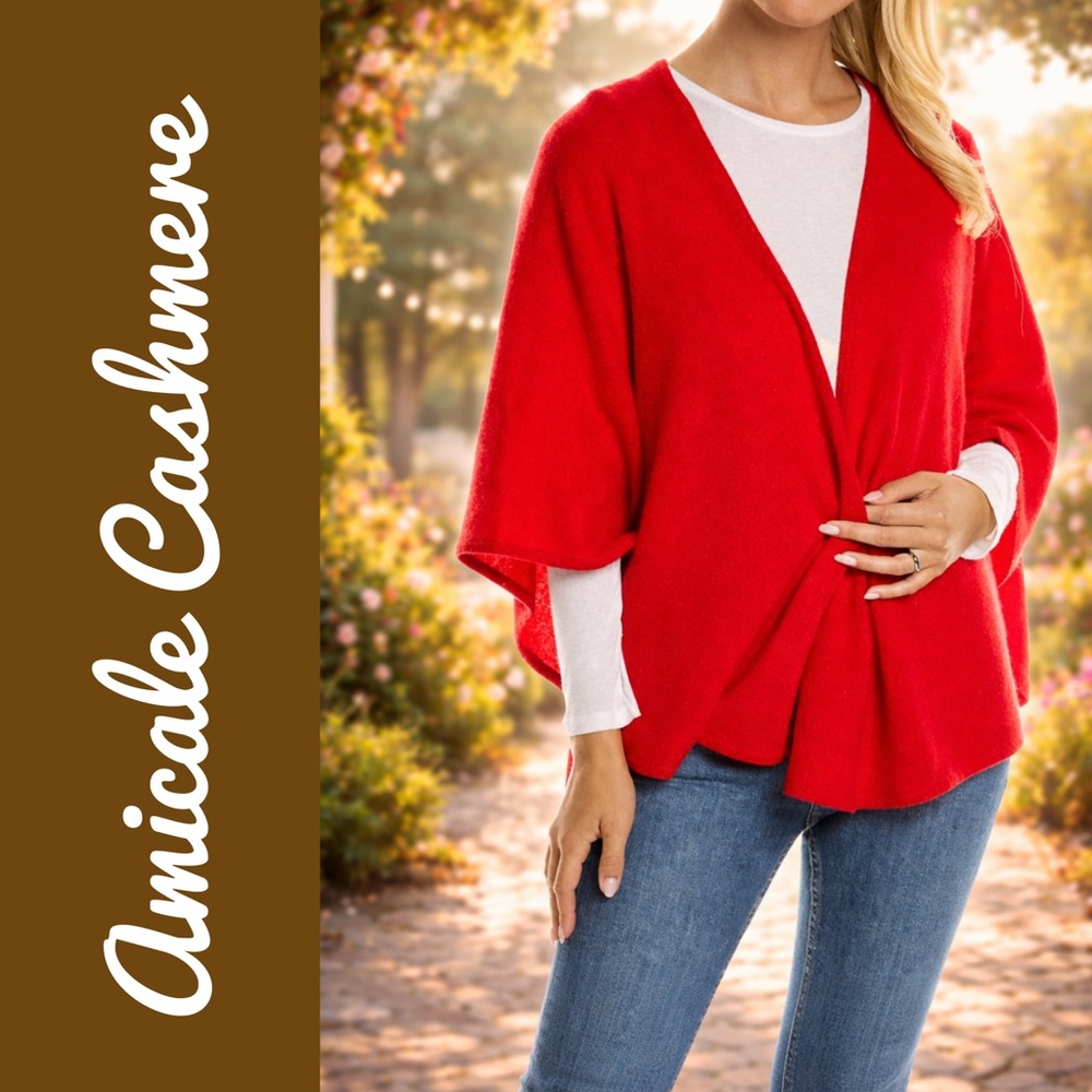 Amicale 100% Cashmere Red Wrap OS Lightweight Luxe Poncho Shawl Cape